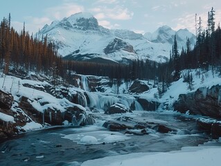 Fototapeta premium Frozen rivers beneath snow-capped mountains, icebound waterfalls in winter's embrace, nature's quietude