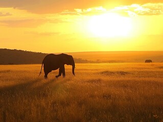 Golden savannah at sunset, silhouette of a lone elephant against the horizon