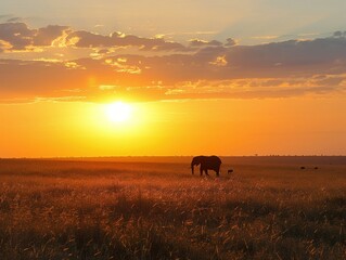 Golden savannah at sunset, silhouette of a lone elephant against the horizon