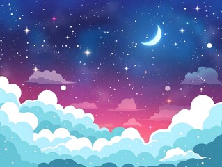 Enchanting Nighttime Landscape with Crescent Moon and Twinkling Stars in Vibrant Starry Skies