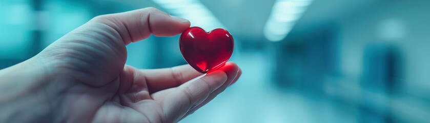 A hand holding a red heartshaped pill, with a blurred hospital background, conveying trust in medicine
