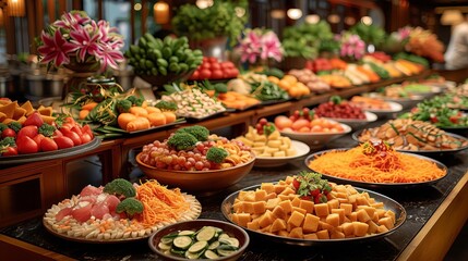A lavish buffet spread tempts guests with a diverse array of international cuisines and delectable desserts
