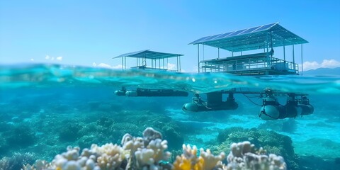 Sustainable Marine Farming with Solar-Powered Helioforms in the Sea. Concept Sustainable Farming, Marine Conservation, Solar Power, Innovative Technology, Aquaculture