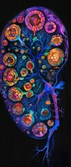 A kidney overrun by bright, neon cysts symbolizing polycystic kidney disease
