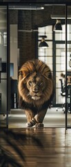 A lion prowling through an office, representing leadership and power in a business setting