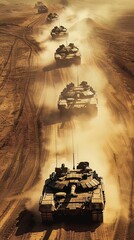 A line of tanks rolls across a dusty terrain, a powerful display of military strength and strategic defense