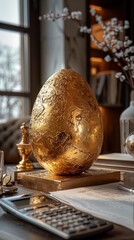 Luxurious golden egg surrounded by financial documents, calculators, and digital currency displays