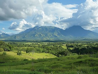Fototapeta premium Majestic mountain range under a dynamic sky, clouds casting shadows over verdant valleys