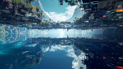 A visual story of two parallel worlds mirrored in a tranquil lake, one above filled with advanced...