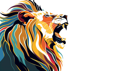 Colorful Roaring Lion Digital Painting on a White Background With Copy Space