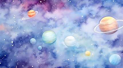 Design a watercolor background with a simple, elegant interpretation of space and planets