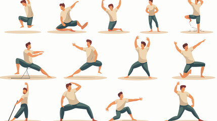 A young man does exercises and asanas from yoga eng