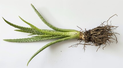 A single Aloe vera plant with roots attached, laid out on a white background to focus on its entire structure and health benefits