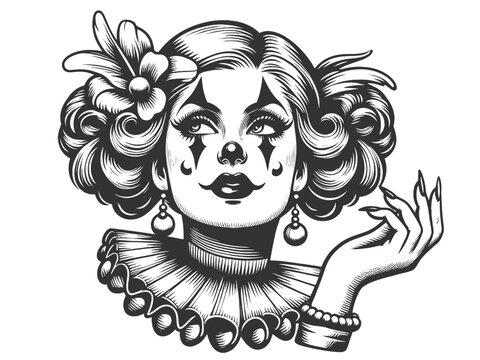 clown girl with elaborate curls and a flower in her hair, graceful hand gesture sketch engraving generative ai fictional character vector illustration. Scratch board imitation. Black and white image.