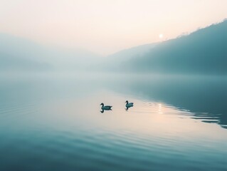 Serene lake at sunrise, mist over calm waters, ducks gliding peacefully