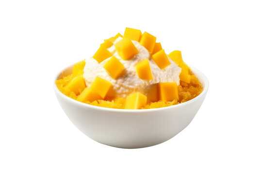 Ice bingsu milkshake with ripe mango in bowl isolated on transparent background.