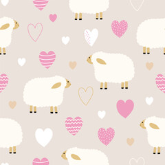 Seamless pattern with cute sheep and heart for your fabric, children textile, apparel, nursery decoration, gift wrap paper.