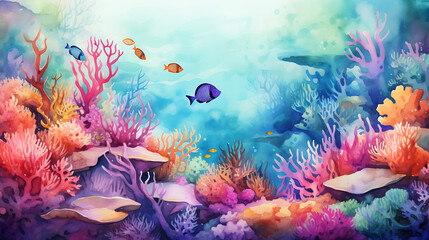 Fototapeta na wymiar Design a watercolor background with a vibrant coral reef underwater scene