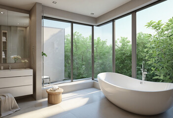  Three-dimensional render of an elegant, contemporary bathroom with a view of nature through large french windows, created through Generative AI technology  