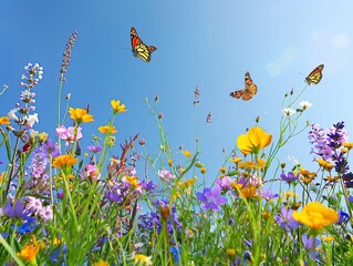 Spring meadow blossoming with wildflowers, colorful butterflies, clear blue sky, essence of renewal