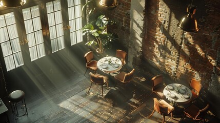 An interior shot of a restaurant with brick walls and large windows. The tables are set with white tablecloths and chairs. The atmosphere is warm and inviting.