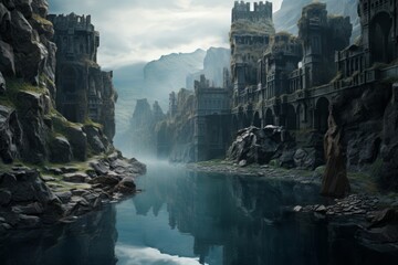mountain gorge, flooded, gorge lake, medieval city submerged, castle ruins - Powered by Adobe