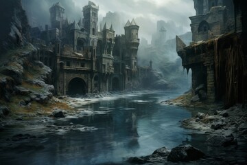 mountain gorge, flooded, gorge lake, medieval city submerged, castle ruins