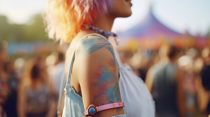 A close-up shot of a brightly colored temporary tattoo on someone's arm at a music festival