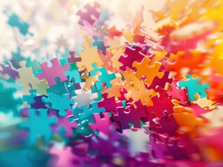 Vibrant geometric puzzle, pieces floating in an abstract space, creating a dynamic and engaging composition Ideal for innovative project backgrounds