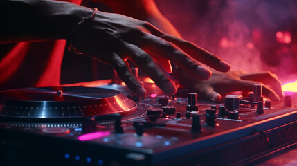 A close-up shot of a DJ's fingers manipulating the controls on their turntable at a music festival