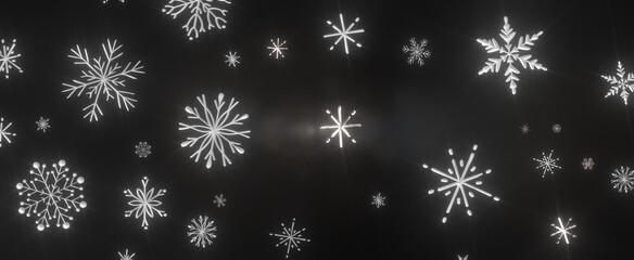 Snowflakes - golden openwork shiny snowflakes, star, 3D rendering.