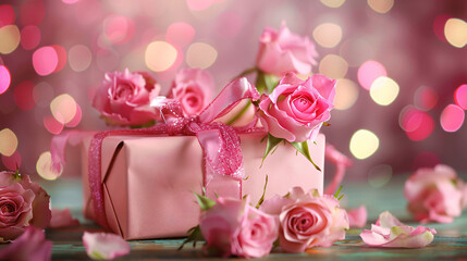 Fototapeta na wymiar Pink Present Box With Pink Roses
