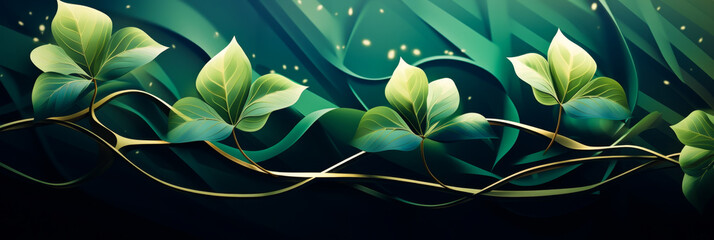Elegant Green Waves Background with Flourishing Leaves Illuminated by Soft Light - obrazy, fototapety, plakaty