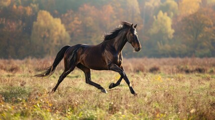 A horse grazing in a meadow at sunrise