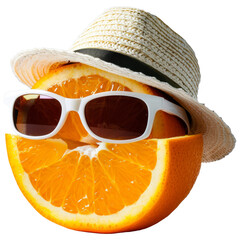 Fresh orange slices wearing sunglasses and summer hat, transparent background