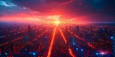 Fototapeta premium Futuristic Cyber City Skyline at Sunset with Data Stream Visualization and Glowing Lights