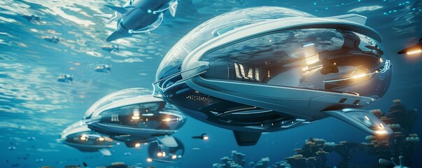 Charismatic concept of transport with underwater autonomous pods in a hightech, holographic display, ideal for a futuristic sharpen for banner