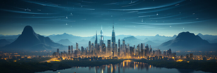 Futuristic Cyber City Skyline with Dynamic Data Streams and Star Trails Over Mountains
