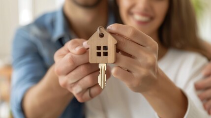 couple hugging and show house key front new home