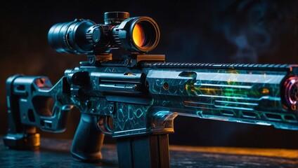 A hightech sniper rifle with a holographic scope