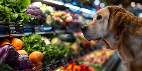 Shopping for Nutritious Dog Food at a Pet-Friendly Grocery Store with Vibrant Vegetables. Concept Healthy Eating for Pets, Nutritious Dog Food, Shopping for Pet Food, Pet-Friendly Grocery Store
