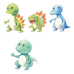 The image shows four colorful cartoon dinosaurs. They are all different colors and have different features.