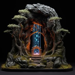 the entrance to the underdark, scene with trees, giant glowing mushrooms, inside of a stone statue, covered in stone, in the style of miniature illumination, black background - obrazy, fototapety, plakaty