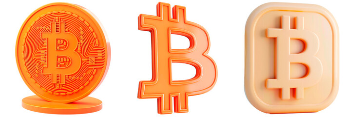 Obraz premium Set of bitcoin icon 3d, plastic material, isolated on transparent background