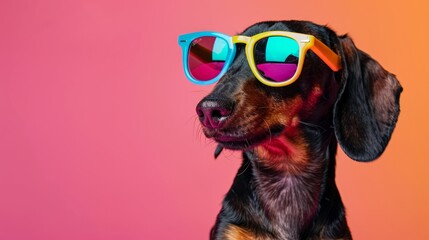 A dog wearing colorful sunglasses on a pink background.