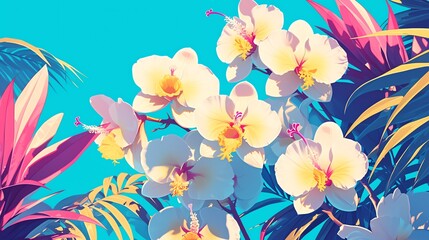 A tropical paradise with exotic orchids and hibiscus flowers blooming in abundance. amazing background, anime background.
