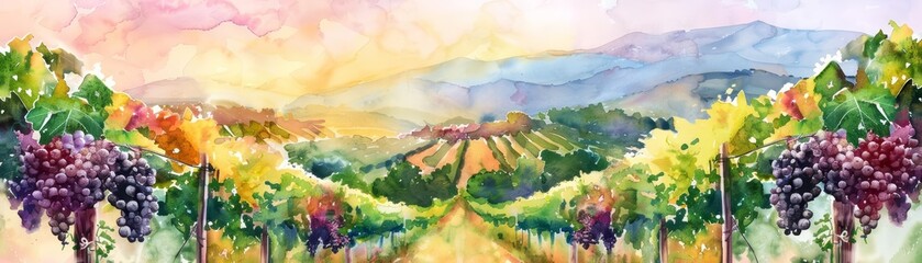 Creative watercolor of a vineyard at sunset, symbolizing the wine industry in vintage styles, Simple detail clipart cute watercolor on white background
