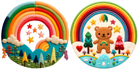 Fototapeta premium Set of cute felt Rainbow, 2D felt appliques, isolated on transparent background