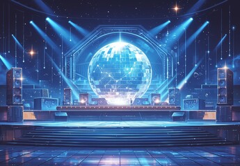 futuristic retro style illustration of an empty nightclub with disco ball and neon lights