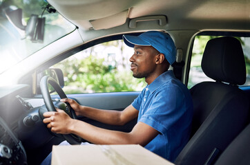 African delivery man, driving and logistics in car with boxes, stock and direction at job in supply...
